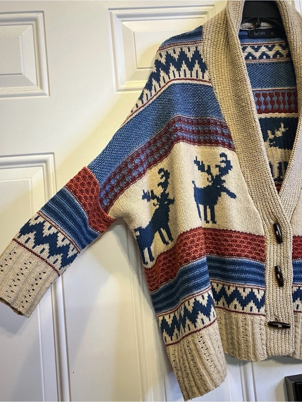 Oversized Chunky Knit Fair Isle Shawl Collar Sweater Moose Blue L XL Gorpcore - Picture 2 of 8